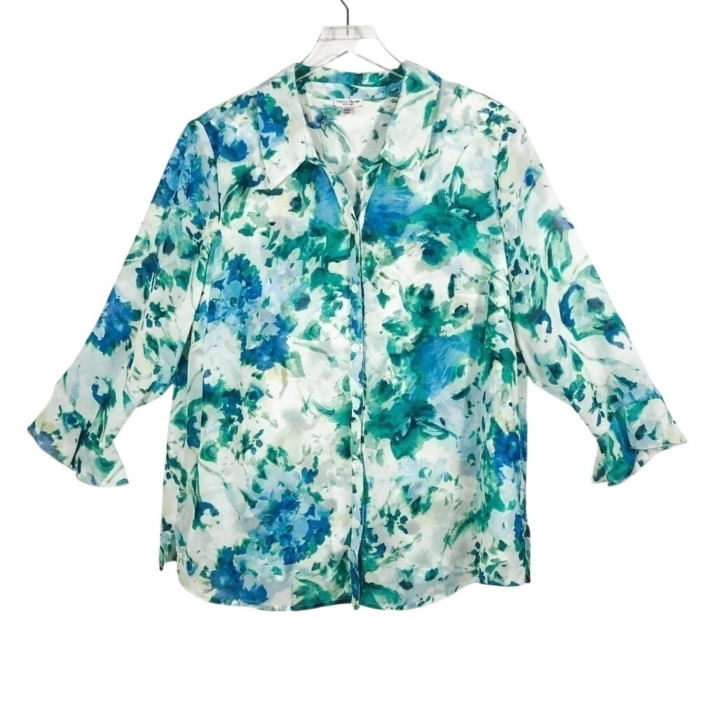 Rebecca Malone Plus 2X Floral Watercolor Ruffle Cuff Blouse Teal Blue 7043WC